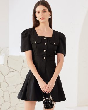 Black Skater Dress Square Neck Short Sleeve Pleated Mini Dress For Women 2025