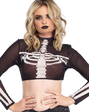 Black Skeleton High Neck Crop Top Fancy Dress Costume for Women