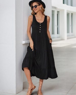 Black Sleeveless Midi Shift Dress For Women 2025