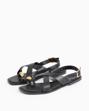 Black Strappy Sandals With Metal Embellishment
