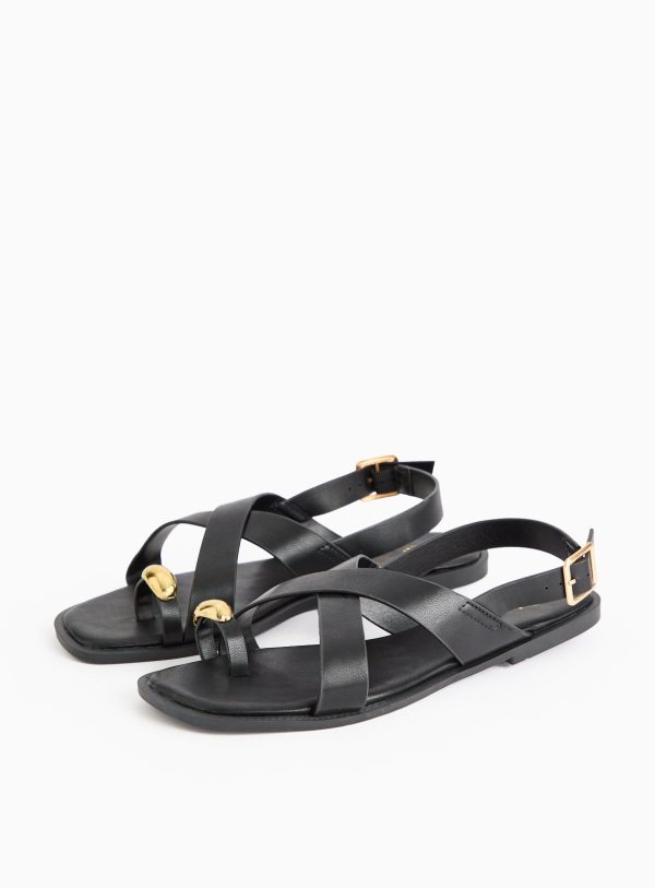 Black Strappy Sandals With Metal Embellishment