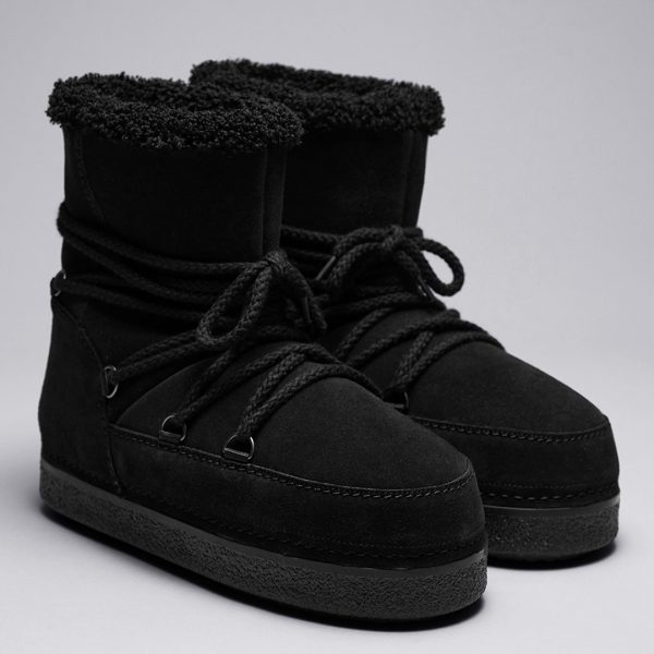 Black Suede Fluffy Lace-Up Boots