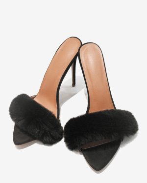 Black Suede Sexy Mules Faux Fur Open Toe High Heel Sandal Slides