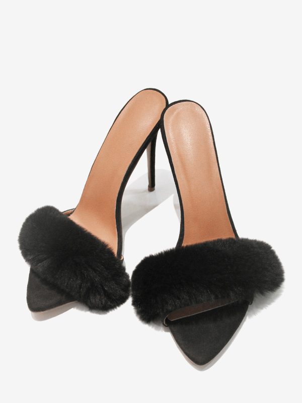 Black Suede Sexy Mules Faux Fur Open Toe High Heel Sandal Slides
