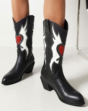 Black Western Boots Women Pointed Toe Cowboy Boots Mid Calf Boots