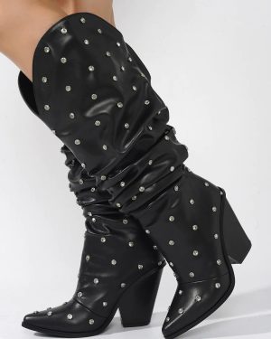 Black Wide Calf Boots Women Pointed Toe Beaded Wedge Heel Slouch Boots