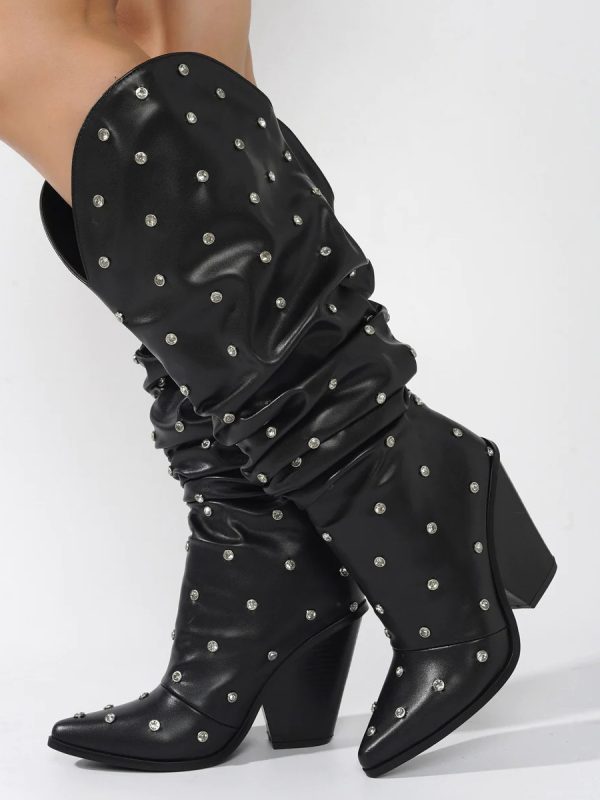 Black Wide Calf Boots Women Pointed Toe Beaded Wedge Heel Slouch Boots