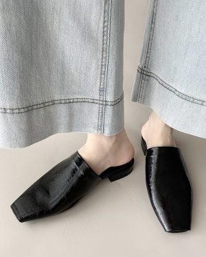 Black Women's Flat Mules Square Toe Backless Mule Loafers