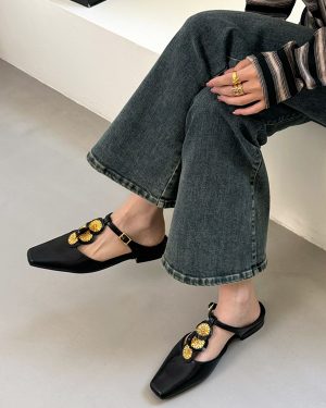 Black Women's Mules Square Toe Designed Backless Slip On Flat Shoes