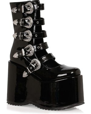 Black Women's Platform Buckle Strap Boots | Adult Fancy Dress Costume Shoes