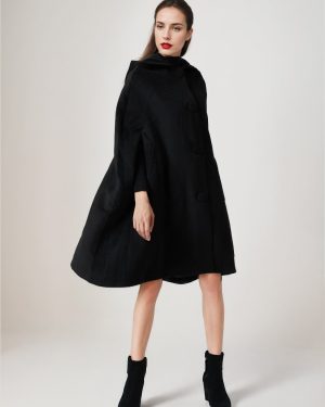 Black Woolen Cape Coat With Hood Oversized Poncho Winter Outerwear For Women 2025