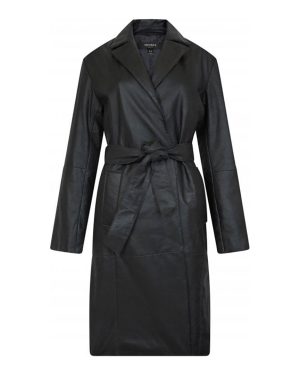 Black Wrap Front Belted Leather Coat