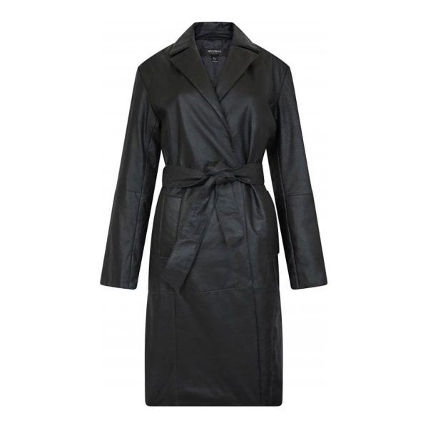 Black Wrap Front Belted Leather Coat