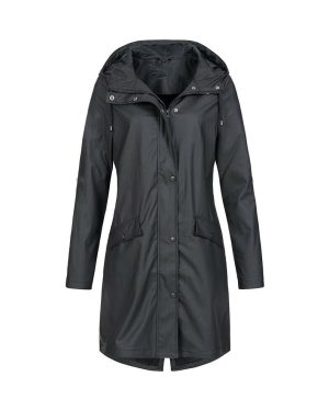 (Black, XL = UK 14) Plus Size Women Hooded Wind Jacket Outdoor Hoodies Long Rain Coat Windbreaker