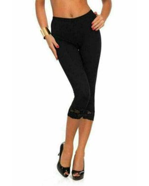 (Black, XL UK 16-18) Womens Ladies Capri Soft 3/4 Cropped Lace Trim Leggings Stretchy Comfy Pants UK