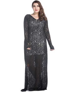 (Black, XL) Women Lace Maxi Dress V-Neck Full Sleeve Lined Evening Party Solid Long Plus Size