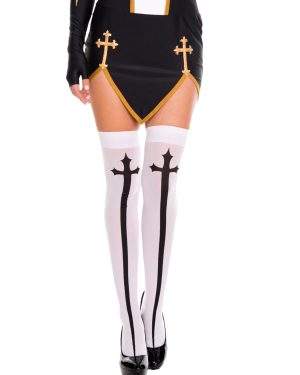 Black and White Gothic Cross Opaque Thigh High Stockings