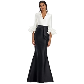 Black and White Mermaid / Trumpet Cocktail Dresses Elegant Gown Formal Wedding Floor Length Long Sleeve Shirt Collar Satin with Bow(s) 2025