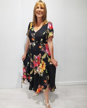 Black/Multi Crepe de Chine Jacquard Floral Split Front V Neck Dress