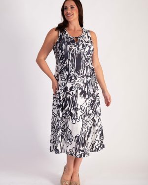 Black/White Scribble Flowers Mesh Cut-Out Detail Sleeveless Dress