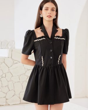 Blake Skater Dress With Rhinestone Halter Neck Short Sleeve A-line Pleated Midi Dress 2025