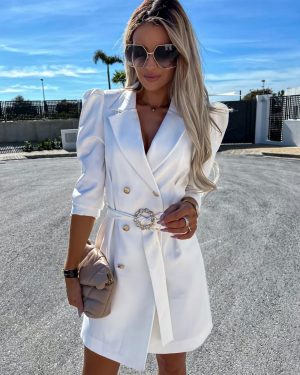 Blazer Dress White Belt Double Breasted Solid Color Slim Fit Casual Stylish Spring Fall Outerwear For Women