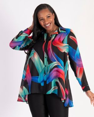 Blk/Multi Rainbow Swirl Printed Chiffon Blouse With Back Pleated Detail