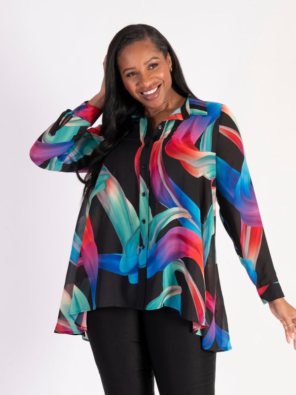 Blk/Multi Rainbow Swirl Printed Chiffon Blouse With Back Pleated Detail