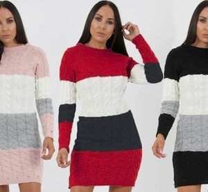 Block Striped Cable Knit Pocket Jumper Dress, Charcoal Grey,S-M