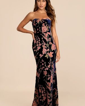 Bloom In Mind Navy Blue Floral Print Velvet Strapless Maxi Dress