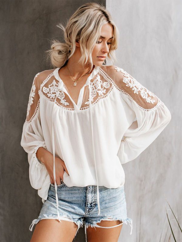 Blouse For Women White Sheer Flowers Embroidered Bohemian Long Sleeves Tops