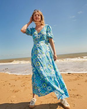 Blue ANORAK Nostalgic Flower Olivia Bow Midi Dress