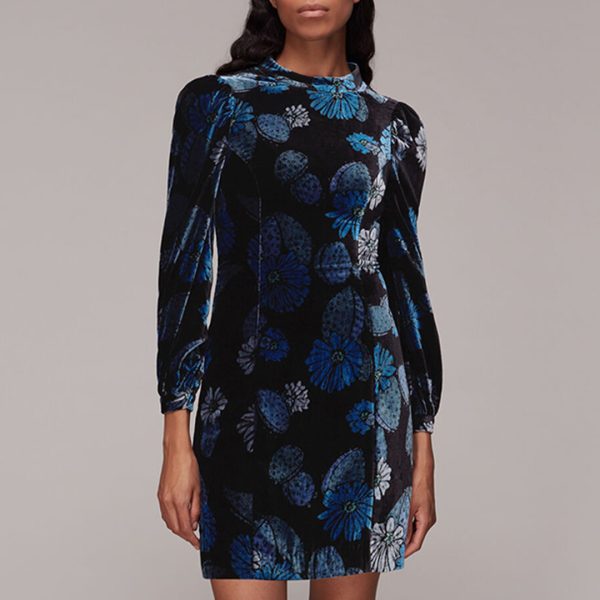 Blue Cactus Print Velvet Dress