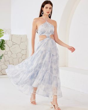 Blue Floral Long Dress Cutout Waist Halter Neck Beach Holiday Summer Dress For Women 2025