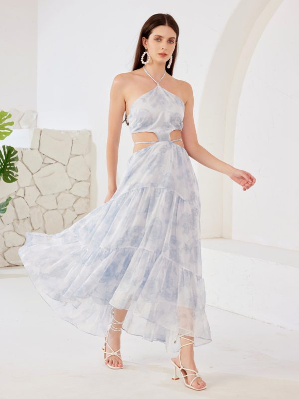 Blue Floral Long Dress Cutout Waist Halter Neck Beach Holiday Summer Dress For Women 2025