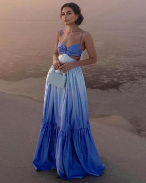 Blue Gradient Maxi Dress Cut-out Waist Summer Vacation Beach Strap Dress For Women 2025