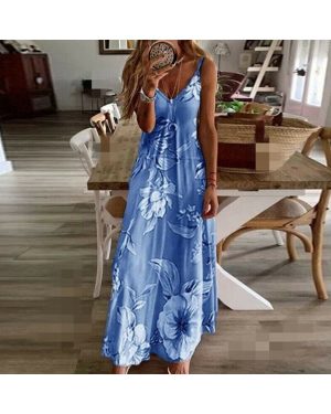 (Blue, L) UK Womens Summer V Neck Long Maxi Dress Boho Beach Holiday Sundress Size 6-22