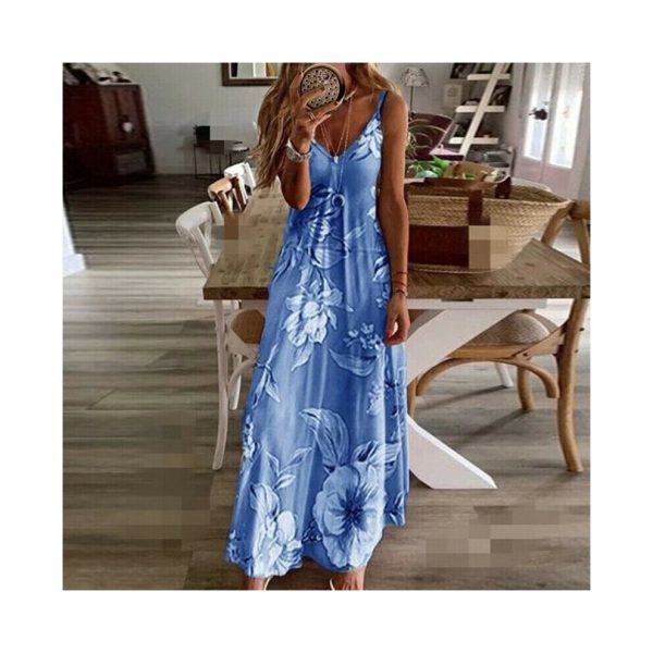 (Blue, L) UK Womens Summer V Neck Long Maxi Dress Boho Beach Holiday Sundress Size 6-22