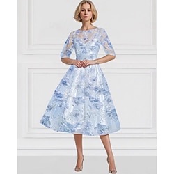 Blue Lavender A-Line Beaded Embroidered Mother of the Bride Dress Floral Elegant Vintage Illusion Neck Ankle Length Tulle Half Sleeve with Sequin 2025