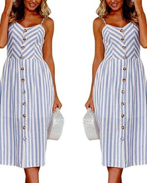 (Blue, M) Women Skater Midi Dress Spaghetti Straps Sleeveless High Waist Buttons Pockets A-Line