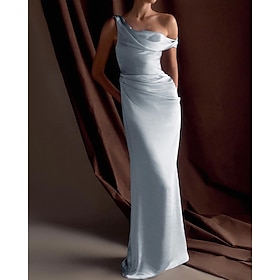 Blue Mermaid / Trumpet Evening Gown Elegant Dress Formal Semi Formal Wedding Floor Length Sleeveless One Shoulder Off Shoulder Satin with Drapes 2025