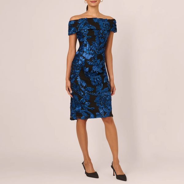 Blue Metallic Off Shoulder Pencil Dress