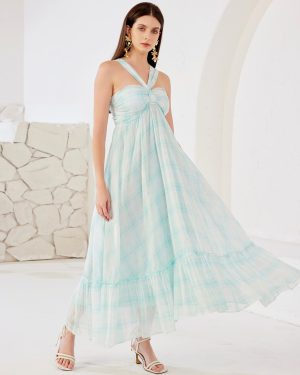 Blue Plaid Print Dress Halter Neck Summer Beach Tiered A-line Maxi Dress For Women 2025