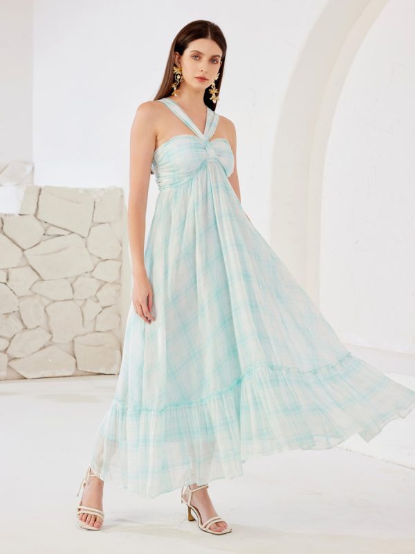 Blue Plaid Print Dress Halter Neck Summer Beach Tiered A-line Maxi Dress For Women 2025