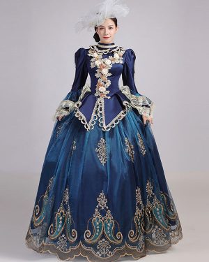 Blue Retro Tudor Dress Costumes Women's Lace Flowers Polyester Marie Antoinette Costume Tunic Headwear Dress Euro-Style Party Prom Dress