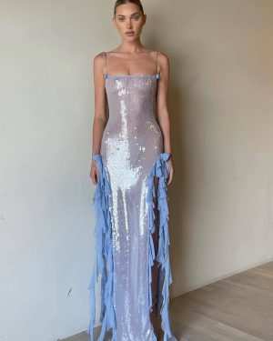 Blue Sequin Bodycon Sheer Long Slip Dress With Ruffled High Slit 2025