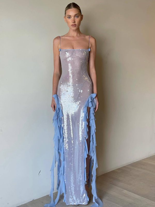 Blue Sequin Bodycon Sheer Long Slip Dress With Ruffled High Slit 2025