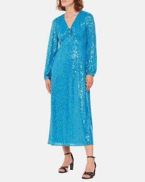 Blue Sequin Keyhole Midi Dress