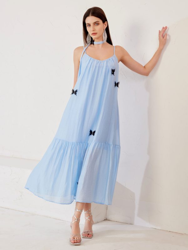 Blue Shift Dress With Butterfly Detail Beach Holiday Summer Slip Long Dress For Women 2025