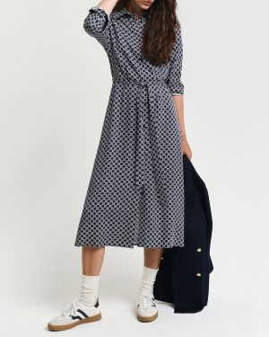 Blue Slim Geometric Printed Shirt Dress